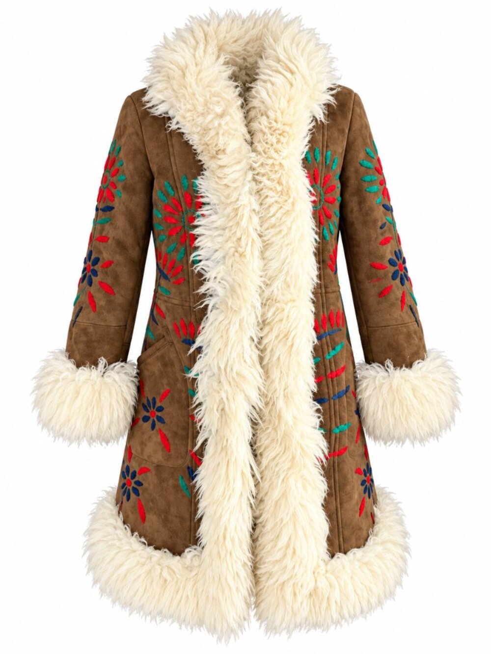 Vintage Afghanistan Penny Lane Embroidered Fur Coat | Brown Suede Shearling Afgh